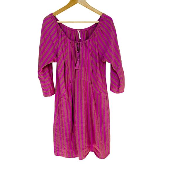 Free People Linen Dress sz M Folktown Pink Striped Boho Beach Vacation Festival - Picture 1 of 8